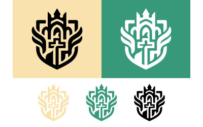 Emblema heráldico con corona, alas, escudo y cruz.