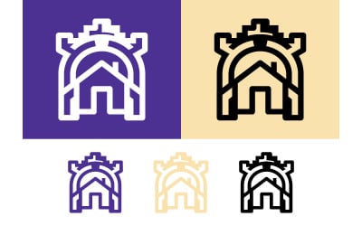 Emblema de edificio con arco de casa y líneas geométricas.