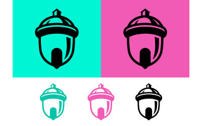Black acorn house icon on cyan and pink backgrounds.