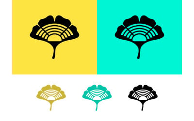 Black ginkgo leaf symbol on yellow and cyan backgrounds.