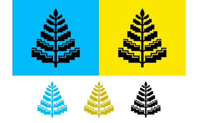 Black pixelated pine tree on blue and yellow backgrounds.