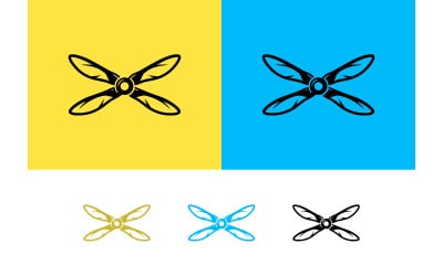 Black propeller design on yellow and blue backgrounds.