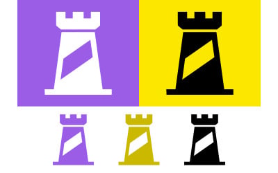 Castle tower icon, chess piece, purple and yellow.