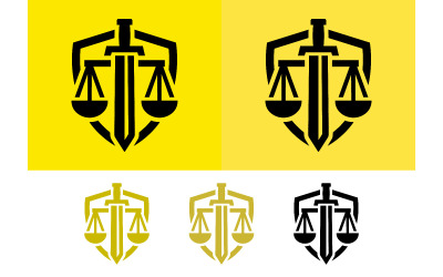 Justice scales and sword emblem in gold and black.
