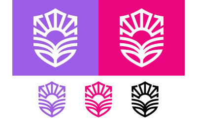 Sunrise crest with radiating lines and leaves.