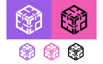 Isometric cube logo with text on backgrounds.