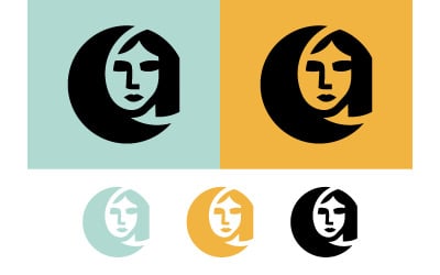 Logo lune, visage féminin, bleu clair et jaune.