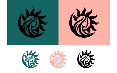 Woman face with sun rays circular logo.