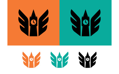 Logo dvoukřídlé hodinové věže v zářivých barvách.