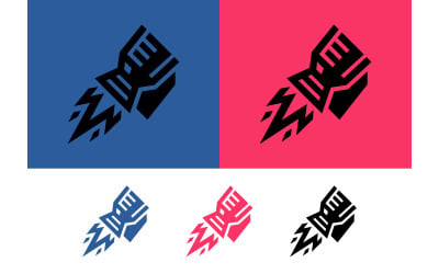 Raketlogo met uitlaatpijpen op een blauwe achtergrond.