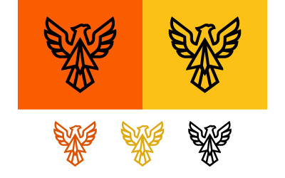 Geometric eagle logo on orange and yellow.