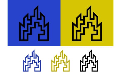 Abstract building icons in blue and yellow.