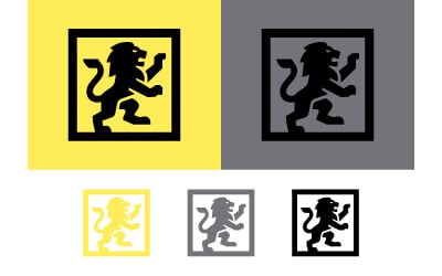 Lion inside square logo design on yellow and grey.