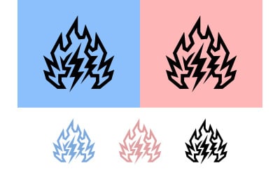 Stylized fire symbols in pink and blue.