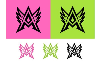 Angular letter a with wings pink green black.