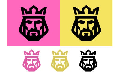 Logo con volto di re, elemento grafico astratto.
