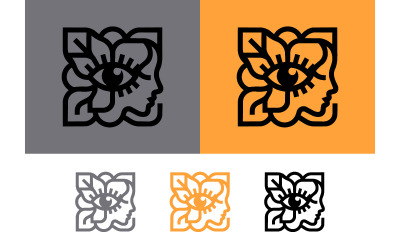 Logo représentant un visage et un œil en forme de fleur sur fond gris et orange.