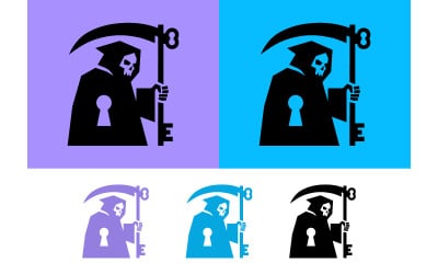 Grim reaper holding key and scythe logo.