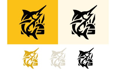 Marlin fish logo design with wave and sun elements.
