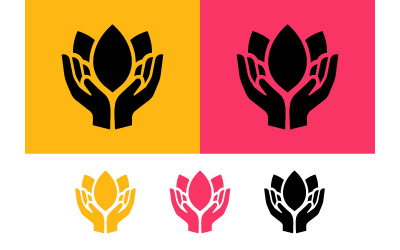 Design del logo con mani di loto, elementi rosa e gialli, risorse grafiche.