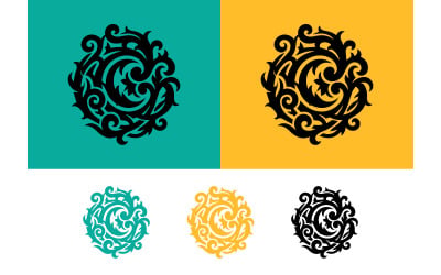 Emblema decorato a forma di serratura, con volute gialle su sfondo bianco.