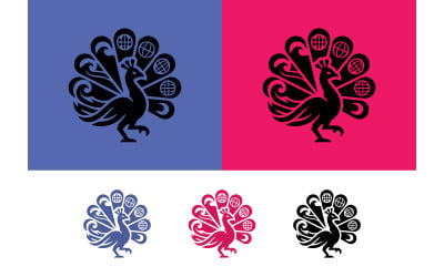 Peacock with globe emblems in feathers logo design.