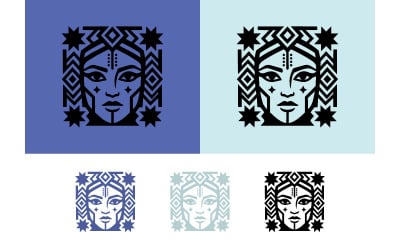 Square tribal face art on blue and light blue.