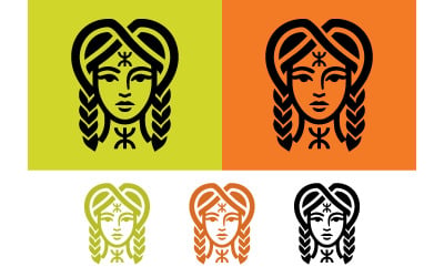 Woman face graphic with braids and symbols.