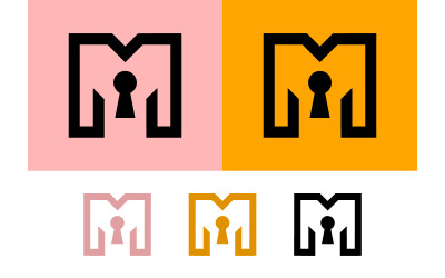 Logo a forma di serratura con la lettera M su sfondo rosa e arancione.