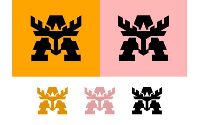Mavi arka plan üzerinde kanatlı robot monogram logosu.