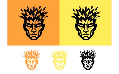 Abstraktes Design mit aggressivem Gesicht, orange-gelb.