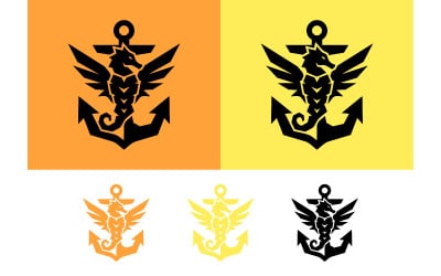 Anker mit geflügeltem Seepferdchen als heraldisches Symbol für ein mythisches Logo.