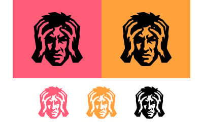 Logo-Design eines Mannes im Used-Look auf orangefarbenem und pinkfarbenem Hintergrund.