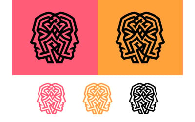 Logo-Design mit ineinander verschlungenen Köpfen auf orangefarbenem und rosafarbenem Grund.