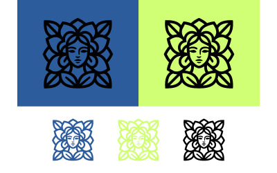 Logo con volto di donna e fiori su sfondo blu e verde.