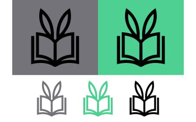 Open book and bunny ears logo designs in green and gray.