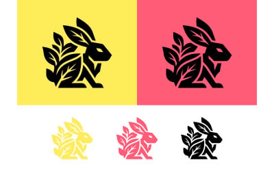 Logo-Designs mit Hasen und Pflanzen vor gelbem und rosa Hintergrund.