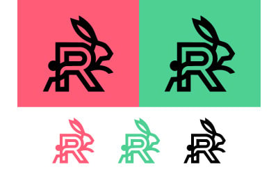 Logo-Design mit Hasenmotiv und dem Buchstaben R in Rosa, Grün und Schwarz.