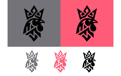 Logo-Design mit Hahnenkrone in Grau, Rosa und Schwarz.