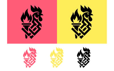 Hahn-Emblem mit Fackel auf rosa Hintergrund.