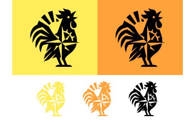 Hahn-Emblem mit Fackel auf gelbem Hintergrund.