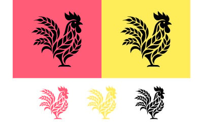 Logo-Design mit Hahn und Weizenmotiv, pink, gelb, schwarz.