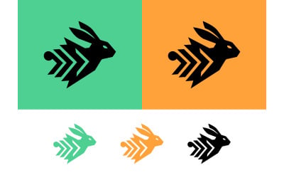 Logo-Designs mit einem rasenden Hasen in Schwarz, Grün und Orange.
