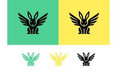 Logo-Designs mit geflügeltem Hasen in den Farben Grün, Gelb und Schwarz.