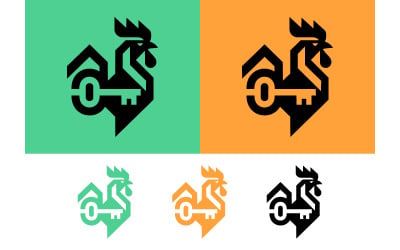 Abstraktes Logo-Design mit gelbem Hahn und Fackel.