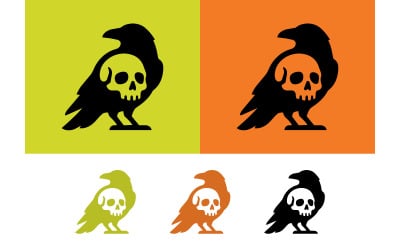 Grafik mit Krähenschädel-Logo auf farbigem Hintergrund.