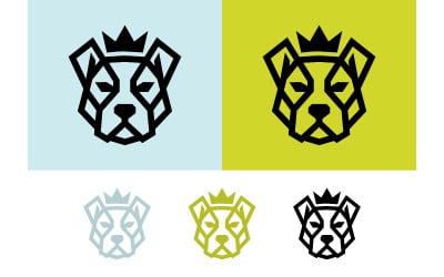 Geometrisches Logo mit Hundekopf und Kronenemblem.