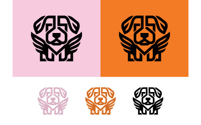 Logo con emblema a forma di testa di cane, ali e M.