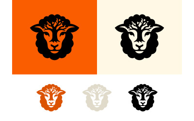 Logo z głową owcy i wełną przypominającą drzewo na pomarańczowym tle.
