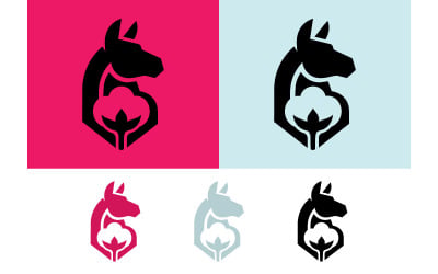 Logotipo com cabeça de cavalo e algodão sobre fundo rosa.
